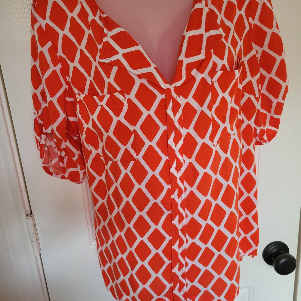 Cato Orange‎ and White Puff Sleeve Graphic Blouse